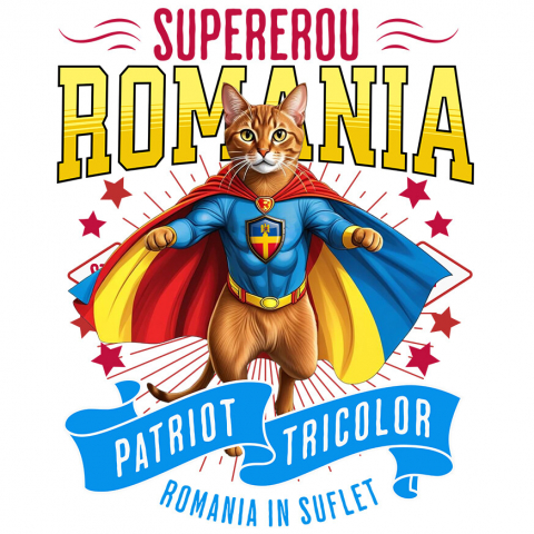 Sticker Adeziv Autocolant Personalizat Pisica Abisiniană în Costum de Căpitan România – Supererou pentru Copii și Iubitorii de Animale