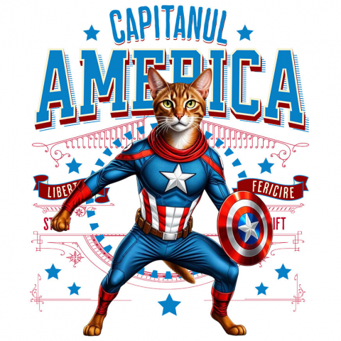 Sticker Adeziv Autocolant Personalizat Pisica Abisiniană în Costum de Captain America cu Pelerină - Cadou Personalizat pentru Copii și Iubitorii de Pisici