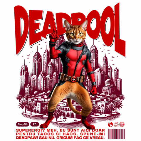 Cadouri Pentru Cupluri - Sticker Adeziv Autocolant Personalizat Pisică Abisiniană în Costum Deadpool – Supererou Amuzant pentru Iubitorii de Pisici