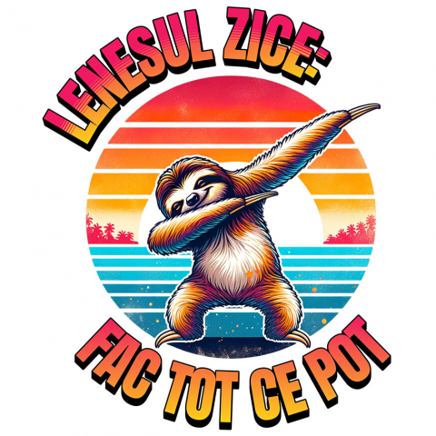 PLAJA - Sticker Adeziv Autocolant Personalizat "Produse personalizate pentru vacanță – Animal leneș pe plajă la apus cu text 'Leneșul zice fac tot ce pot'"