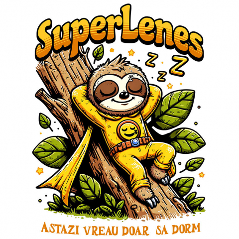 Sticker Adeziv Autocolant Personalizat Animal Lenes Dormind Pe Trunchi Copac Cu Costum Super Erou Galben – Cadou Personalizat „Astăzi Vreau Doar Să Dorm”