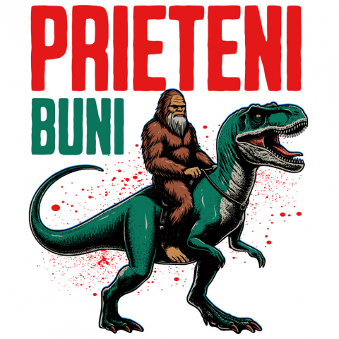 BASME - Sticker Adeziv Autocolant Personalizat Bigfoot Călărind T-Rex - Prieteni Buni - Costum și Cadou Aventură pentru Copii