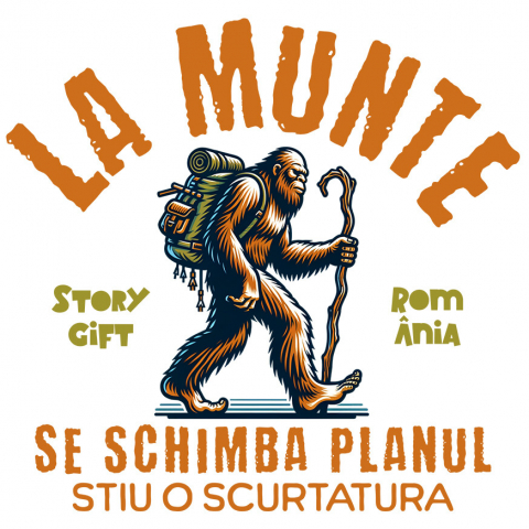 CALATORIE - Sticker Adeziv Autocolant Personalizat "Bigfoot Cu Rucsac – Cadou Personalizat cu Mesajul ‘Se Schimbă Planul, Știu o Scurtătură’ pentru Iubitorii de Aventură"