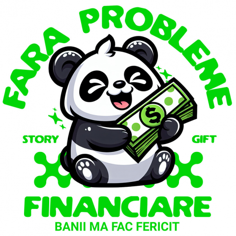 BANI - Sticker Adeziv Autocolant Personalizat Urs Panda Fericit Cu Bancnote Verzi - Succes, Noroc și Bogăție