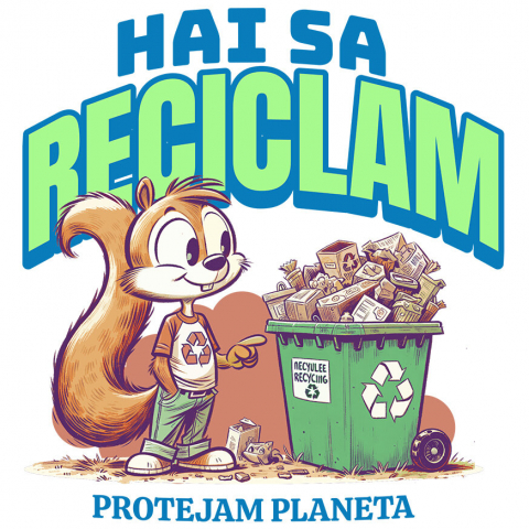COPII - Sticker Adeziv Autocolant Personalizat Veveriță Tomberan cu Deseu Reciclat – Cadou Personalizat pentru Educație Ecologică