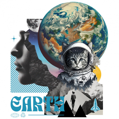 PLANETA - Sticker Adeziv Autocolant Personalizat "Produse personalizate de artă – Chip uman, planetă Pământ, Lună, pisică spațială și rachetă"