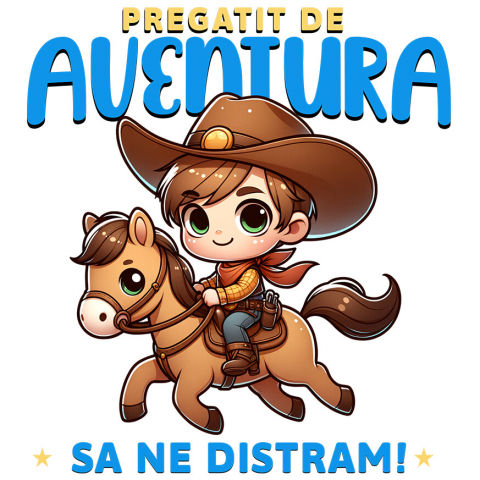 Sticker Adeziv Autocolant Personalizat Tricou Personalizat Băiat Cowboy – "Pregătit de Aventură, Să Ne Distram" | Cadou Amuzant pentru Copii și Tati