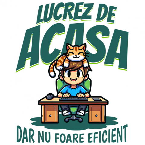 Sticker Adeziv Autocolant Personalizat Băiat la Birou cu Pisică Portocalie – Work From Home, Productivitate