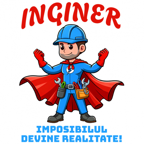 Sticker Adeziv Autocolant Personalizat Bărbat Cu Salopetă Albastră Și Pelerină Roșie – Cadou Personalizat „Inginer Imposibilul Devine Realitate”