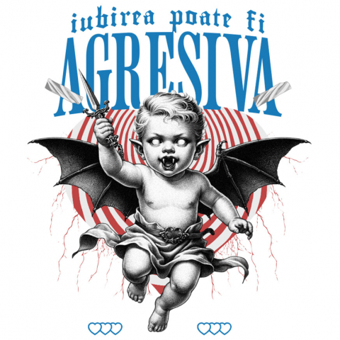 Sticker Adeziv Autocolant Personalizat Bebe cu Aripi de Diavol și Cuțit – Cadou Personalizat „Iubirea Poate Fi Agresivă” pentru Valentine's Day