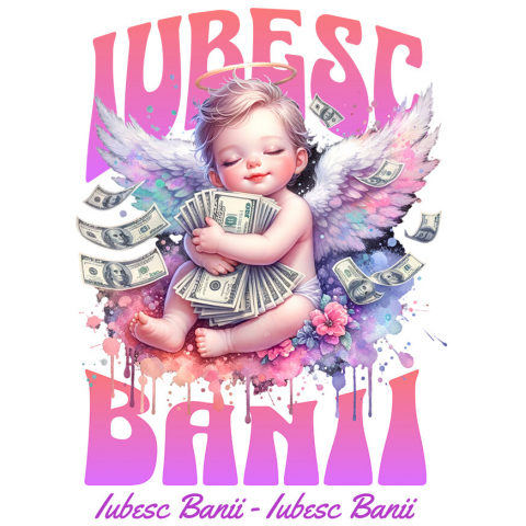 Sticker Adeziv Autocolant Personalizat Bebelus Înger pe Nor cu Bancnote – „Iubesc Banii” – Cadou Personalizat pentru Familie, Tati, Copii, Prieteni