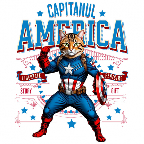 Sticker Adeziv Autocolant Personalizat Pisica Bengal în Costum de Captain America cu Pelerină - Cadou Personalizat pentru Copii și Iubitorii de Pisici
