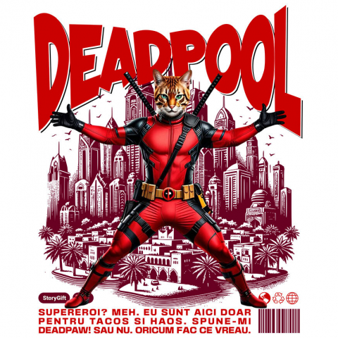 Cadouri Pentru Cupluri - Sticker Adeziv Autocolant Personalizat Pisică Bengal în Costum Deadpool – Supererou Amuzant pentru Iubitorii de Animale