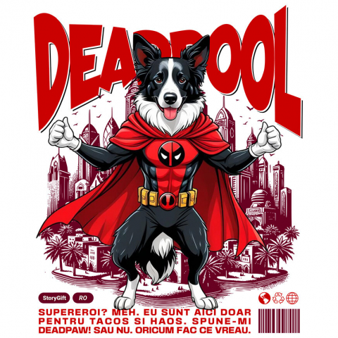 Sticker Adeziv Autocolant Personalizat Husky Siberian în Costum Deadpool - Cadou Personalizat pentru Copii și Familie