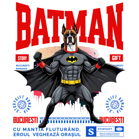 Sticker Personalizat - Sticker Adeziv Autocolant Personalizat Boxer În Costum de Batman – Câine Supererou pentru Copii și Iubitorii de Animale