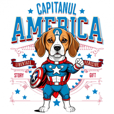 Sticker Adeziv Autocolant Personalizat Boxer în Costum Captain America cu Pelerină - Cadou Personalizat pentru Copii și Iubitorii de Câini