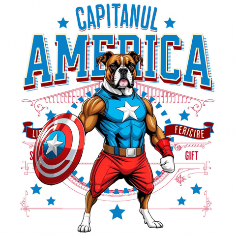 Sticker Adeziv Autocolant Personalizat Boxer în Costum Captain America cu Pelerină - Cadou Personalizat pentru Copii și Iubitorii de Câini