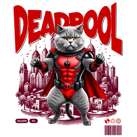 Sticker Adeziv Autocolant Personalizat British Shorthair în Costum Deadpool – Pisică Supererou Amuzantă pentru Iubitorii de Animale