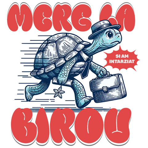 Sticker Adeziv Autocolant Personalizat Broască Țestoasă Grăbită – Servietă, Pălărie, Cravată, Muncă și Umor