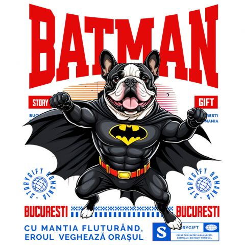 Sticker Adeziv Autocolant Personalizat Bulldog În Costum de Batman – Câine Supererou pentru Copii și Iubitorii de Animale