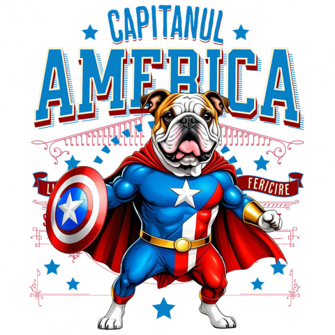 Sticker Adeziv Autocolant Personalizat Bulldog în Costum Captain America cu Pelerină - Cadou Personalizat pentru Copii și Iubitorii de Câini