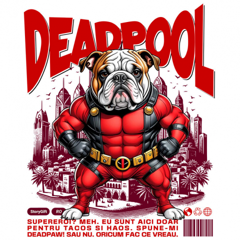 Sticker Personalizat - Sticker Adeziv Autocolant Personalizat Bulldog în Costum Deadpool - Cadou Personalizat pentru Copii și Familie