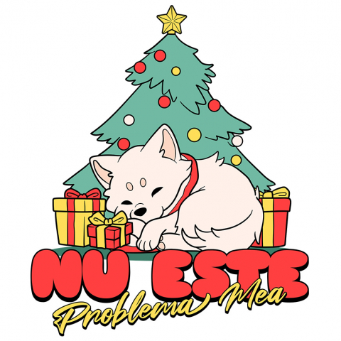 CRACIUN - Sticker Adeziv Autocolant Personalizat Câine Dormind Lângă Brad – Cadouri Colorate și Mesaj Amuzant „Nu Este Problema Mea”