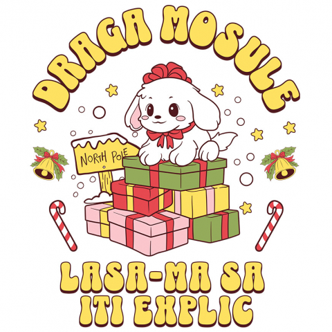 CRACIUN - Sticker Adeziv Autocolant Personalizat Câine Fericit Lângă Turn de Cadouri – „Draga Moșule, Lasă-mă să Îți Explic”