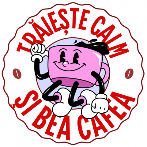 Sticker Adeziv Autocolant Personalizat „Cană de Cafea Veselă – Trăiește Calm și Bea Cafea cu un Dans Amuzant”
