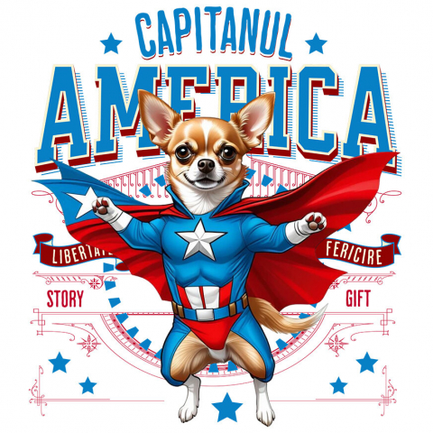 Sticker Personalizat - Sticker Adeziv Autocolant Personalizat Chihuahua în Costum Captain America cu Pelerină - Cadou Personalizat pentru Copii și Iubitorii de Câini
