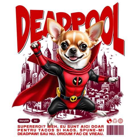 Sticker Personalizat - Sticker Adeziv Autocolant Personalizat Chihuahua în Costum Deadpool – Câine Supererou Adorabil și Personalizat
