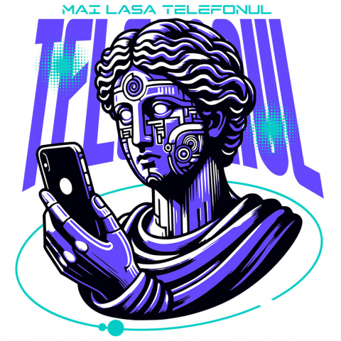 Sticker Adeziv Autocolant Personalizat Chip Uman Statuie Grecească cu Telefon și Robot - „Haios, Mai Lasa Telefonul” - Cadou Personalizat