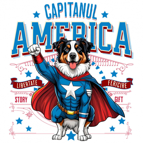 Sticker Adeziv Autocolant Personalizat Australian Shepherd în Costum de Captain America cu Pelerină - Cadou Personalizat pentru Copii și Iubitorii de Câini