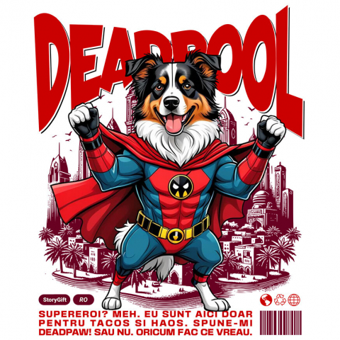 Sticker Personalizat - Sticker Adeziv Autocolant Personalizat Ciobănesc Australian în Costum Deadpool – Câine Supererou Amuzant și Personalizat