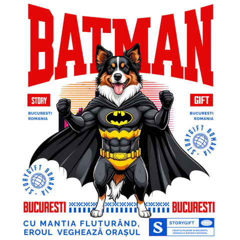 Cadouri Pentru Cupluri - Sticker Adeziv Autocolant Personalizat Ciobănesc Australian în Costum de Batman – Câine Supererou pentru Copii și Iubitorii de Animale