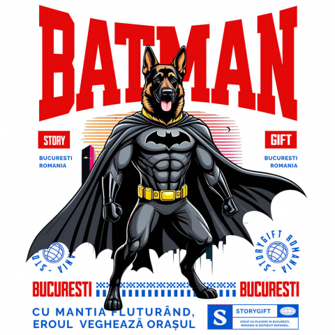 Cadouri Pentru Cupluri - Sticker Adeziv Autocolant Personalizat Ciobănesc German În Costum de Batman – Câine Supererou pentru Familie și Copii