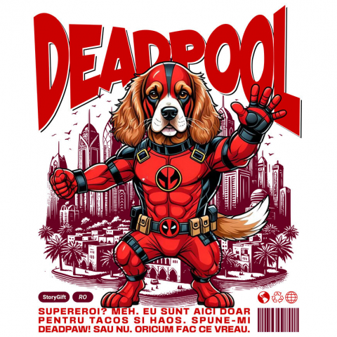 Sticker Adeziv Autocolant Personalizat Cocker Spaniel în Costum Deadpool – Câine Supererou Amuzant și Personalizat