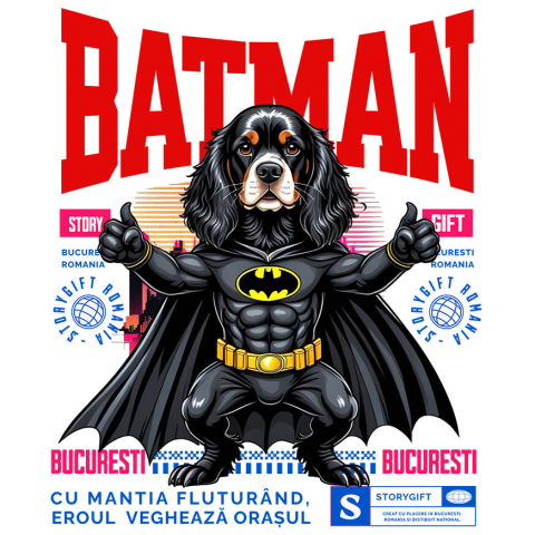 Cadouri Pentru Ea - Sticker Adeziv Autocolant Personalizat Cocker Spaniel în Costum de Batman – Supererou Adorabil pentru Copii și Iubitorii de Câini