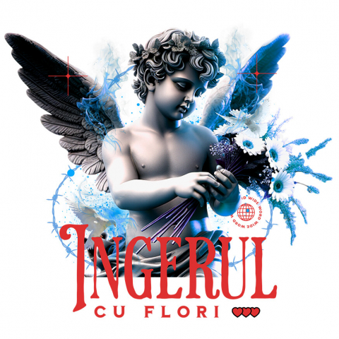 INGERI - Sticker Adeziv Autocolant Personalizat Statuie Copil Înger Cu Flori – Cadou Personalizat Aripi Buchet De Flori