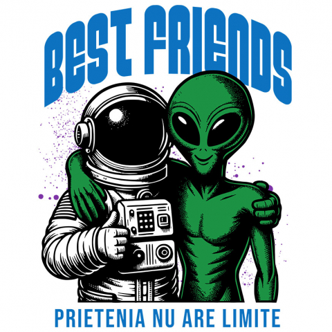 PRIETENI - Sticker Adeziv Autocolant Personalizat "Costum Astronaut Extraterestru Verde - Cei Mai Buni Prieteni Fără Limite în Galaxie"
