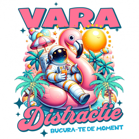 PLAJA - Sticker Adeziv Autocolant Personalizat Costum Astronaut La Plaja Colac Pasăre Flamingo – Cadouri Personalizate Pentru Familie, Copii și Tati