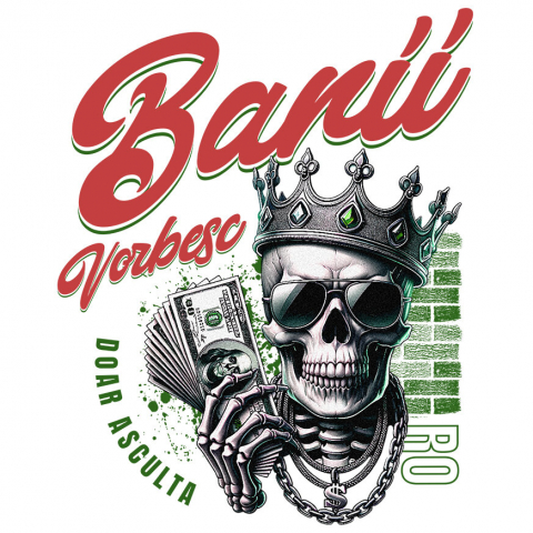 BANI - Sticker Adeziv Autocolant Personalizat Craniu cu Coroană și Dolari – Design Badass Personalizat pentru Cadouri