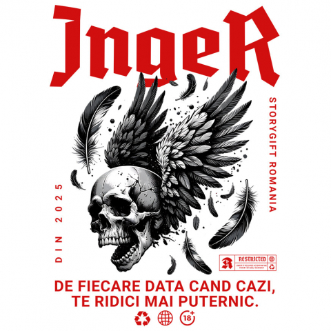 MIXED - Sticker Adeziv Autocolant Personalizat Craniu Uman cu Aripi Negre și Text „Înger de Fiere - Data Cazi Te Ridici Mai Puternic” - Cadou Personalizat Motivațional