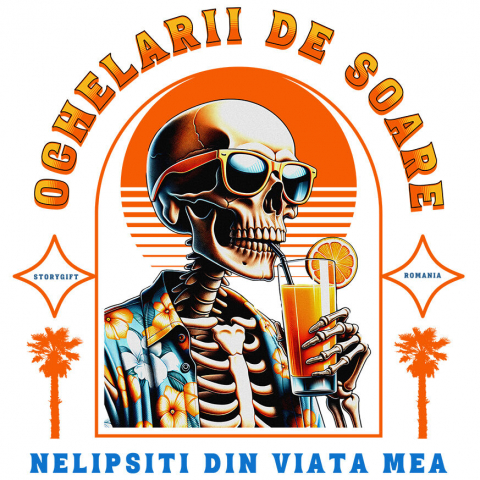 Sticker Adeziv Autocolant Personalizat "Produse personalizate pentru vacanță – Craniu uman cu ochelari de soare și cămașă florală pe plajă cu cocktail"