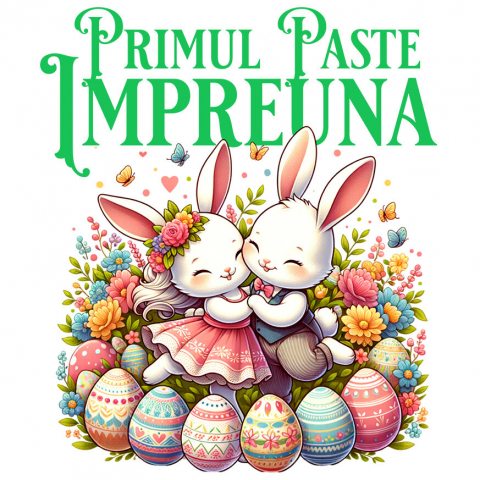 Cadouri Pentru Cupluri - Sticker Adeziv Autocolant Personalizat "Cuplu Fericit Iepuri Îndrăgostiți cu Oua Colorate - Paște și Iubire"