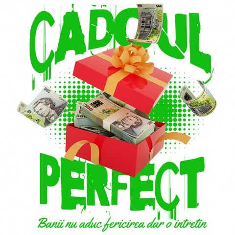 Sticker Adeziv Autocolant Personalizat Cutie Roșie cu Fundă Bani – Bancnote în Zbor – „Cadoul Perfect” – Cadou Personalizat pentru Familie, Tati, Copii, Prieteni