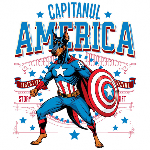 Sticker Personalizat - Sticker Adeziv Autocolant Personalizat Doberman în Costum de Captain America cu Pelerină - Cadou Personalizat pentru Copii și Iubitorii de Câini