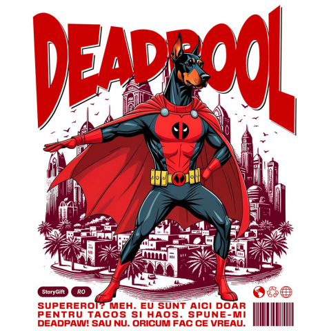 Sticker Adeziv Autocolant Personalizat Doberman în Costum Deadpool – Câine Supererou Personalizat și Amuzant