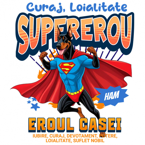 Sticker Adeziv Autocolant Personalizat Doberman Pinscher în Costum de Superman – Produse Personalizate pentru Copii și Familie