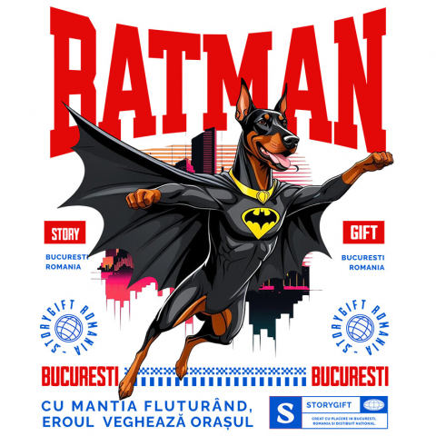 Cadouri Pentru Ea - Sticker Adeziv Autocolant Personalizat Doberman Pinscher în Costum de Batman – Supererou Impunător pentru Iubitorii de Câini și Copii
